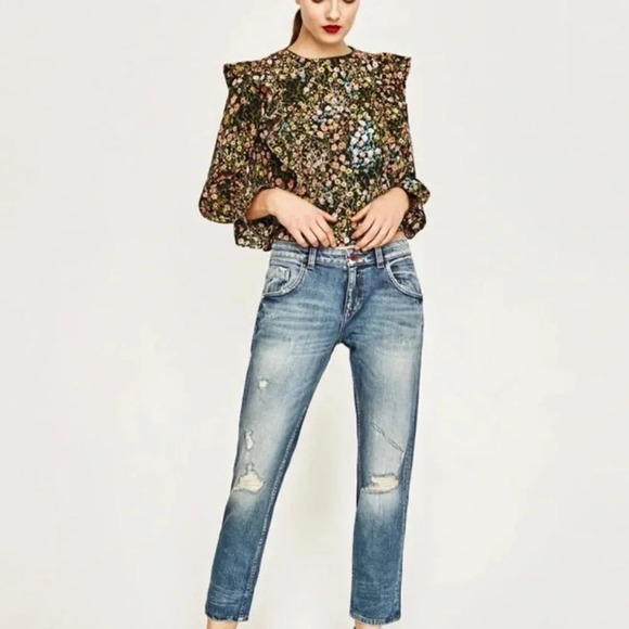 ZARA Floral Black Long Sleeve Ruffle Blouse Small - Picture 2 of 10